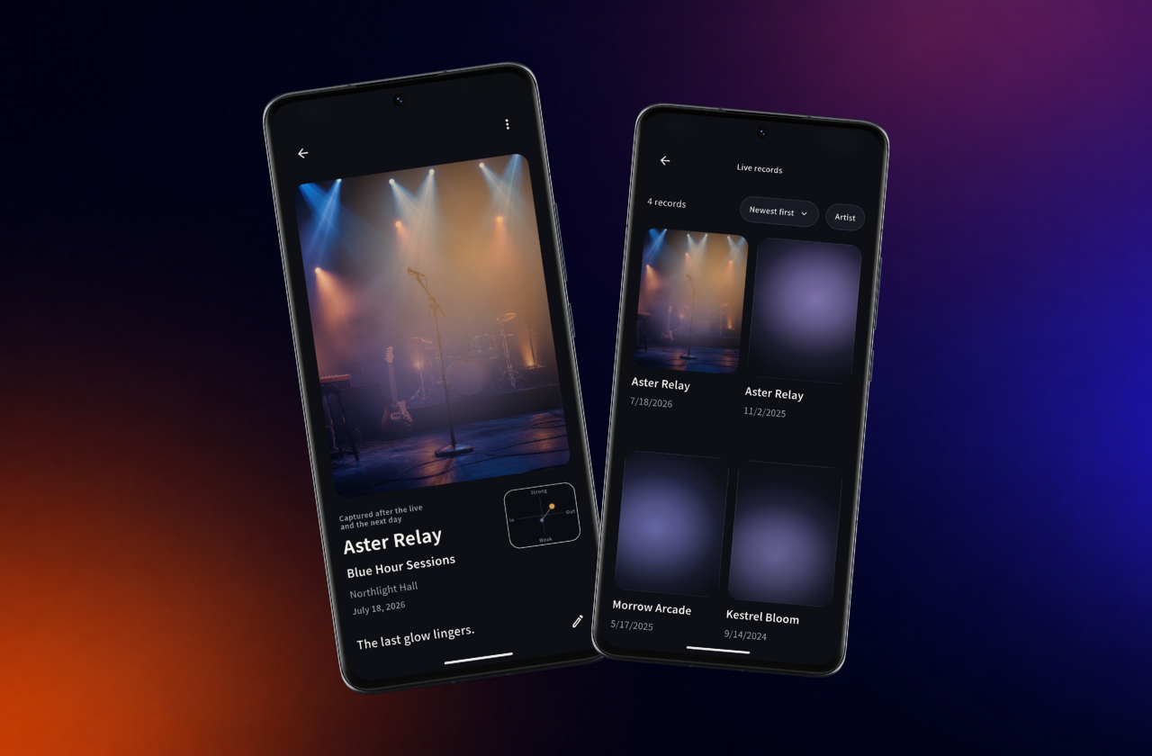 Yoinのライブ記録画面を表示した2台のスマートフォン